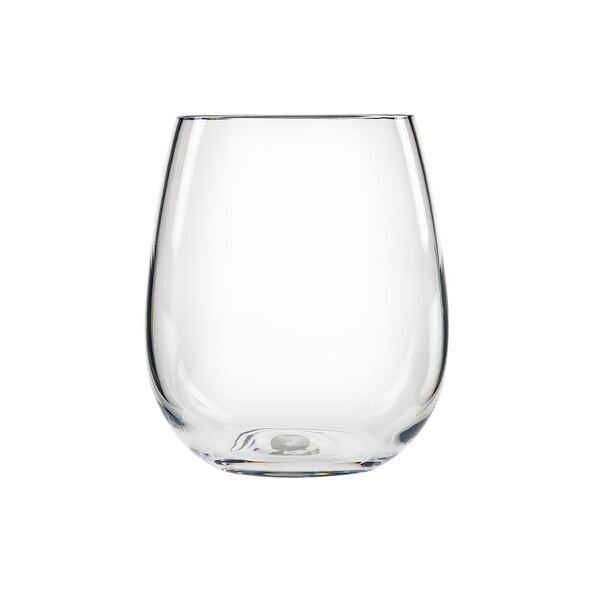 A clear plastic stemless wine glass.