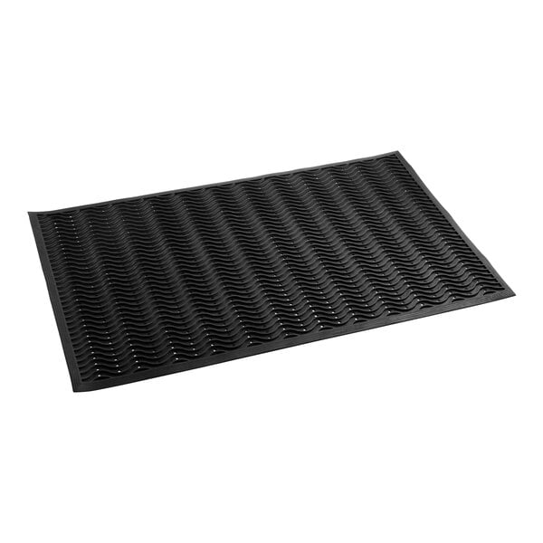 A black rubber scraper mat with a wave pattern top and drainage holes.