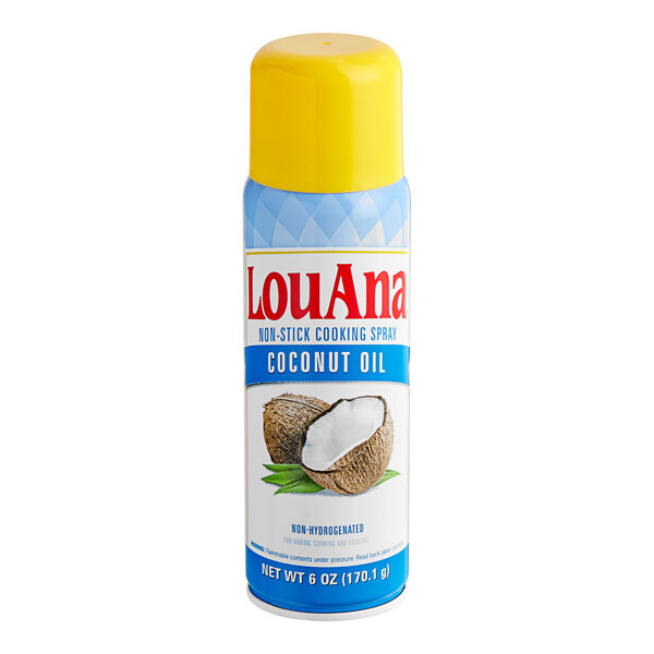 A can of LouAna Coconut Oil Cooking Spray with a label.