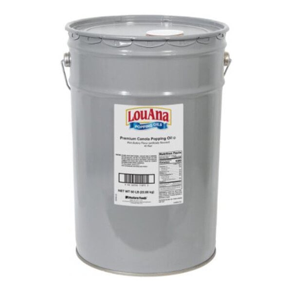 A white bucket of LouAna Premium Canola Popping Oil.