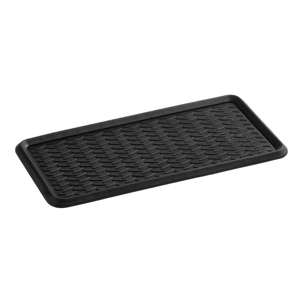 A rectangular black rubber boot tray or scraper mat with a raised diamond pattern and thick edges.