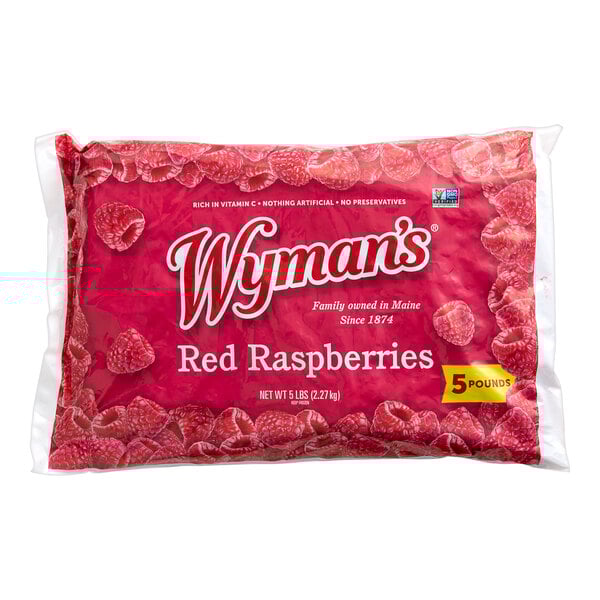 A white bag of Wyman's frozen red raspberries.