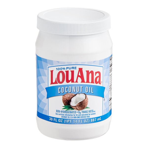 A white plastic container of LouAna coconut oil with a blue label.