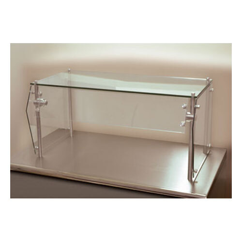 A single tier metal and glass food shield on a white counter.