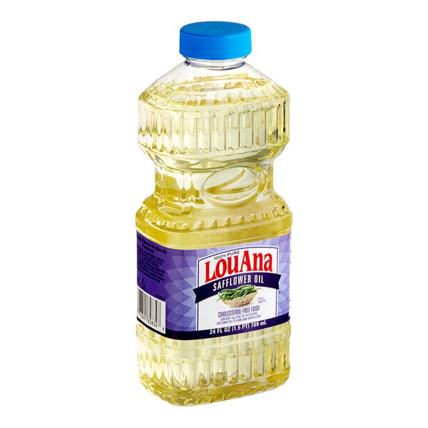 A case of 12 LouAna Safflower Oil bottles with yellow liquid.