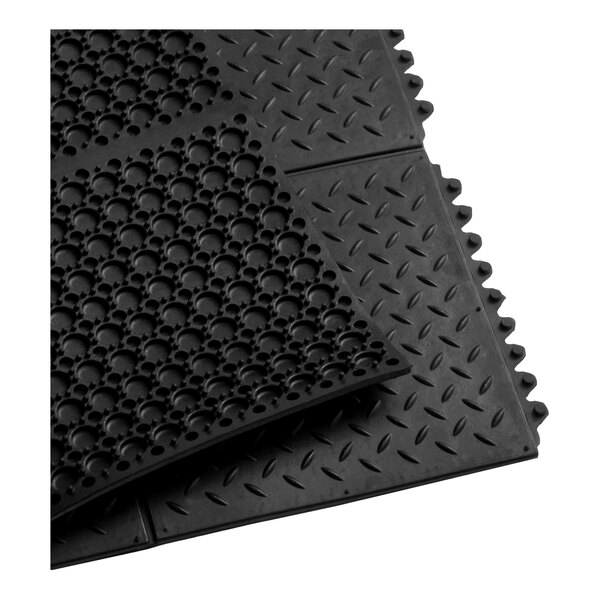 A set of black rubber interlocking gym floor mats with a diamond pattern top, each measuring 3 feet by 3 feet and 1/2 inch thick.