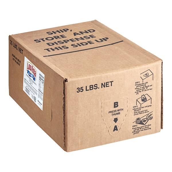 A brown LouAna box with black text on a counter.