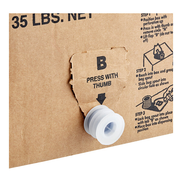 A close-up of a LouAna bag-in-box with a white spout.