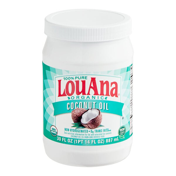 A white plastic container of LouAna Organic Coconut Oil with a label.