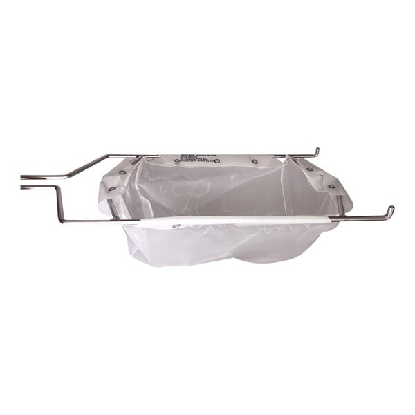 A white plastic bag from a metal rack with a white plastic handle.