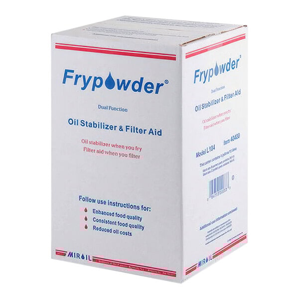 A white box with blue and red text for MirOil L104 FryPowder.
