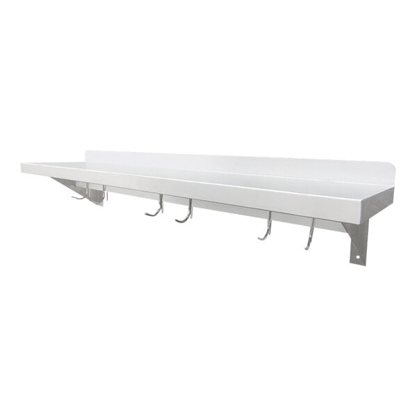 A white stainless steel wall-mounted shelf with pot hooks.