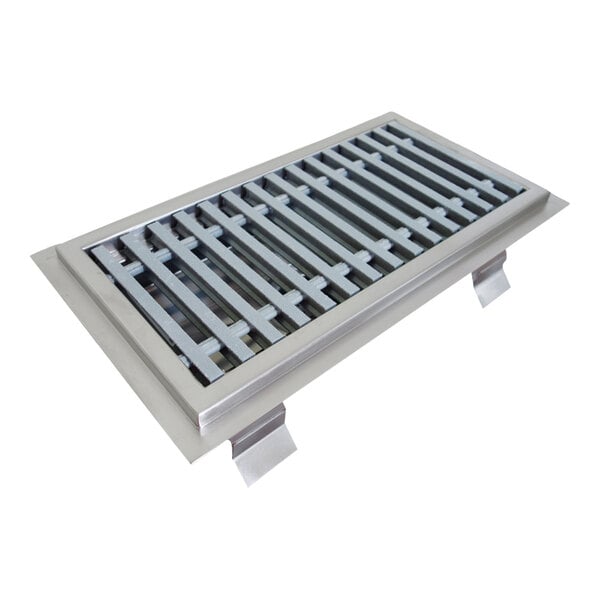 A stainless steel floor trough grate with metal bars.