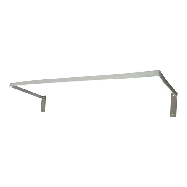 A white metal wall-mounted pot rack with a metal bar and metal hooks.