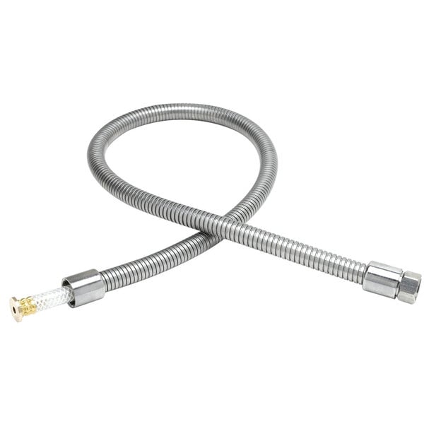 A stainless steel flexible hose with metal nuts.