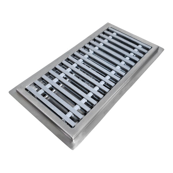 A stainless steel floor trough grate with metal bars.