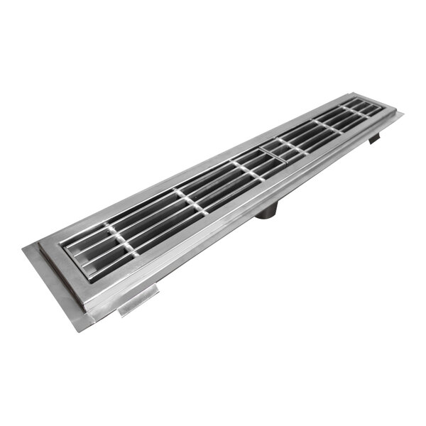 A stainless steel floor trough with anti-slip subway grating over a drain outlet.