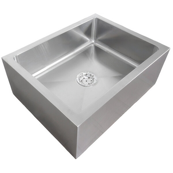 A rectangular stainless steel floor or utility mop sink with a central drain.