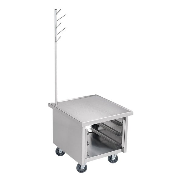 A stainless steel mobile equipment stand with three tray slides, an undershelf, a tall vertical rod with hooks, and 5-inch casters.