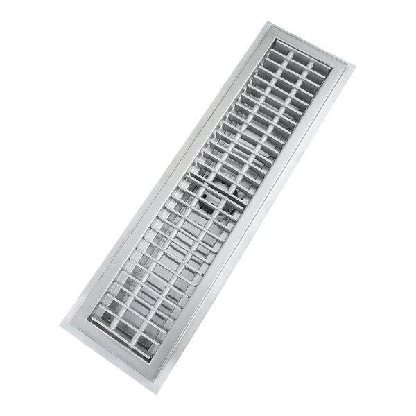 A stainless steel floor trough with anti-slip metal grating.