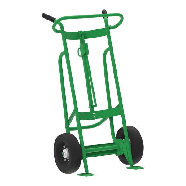 A green Valley Craft 2-wheel steel drum hand truck with black wheels.