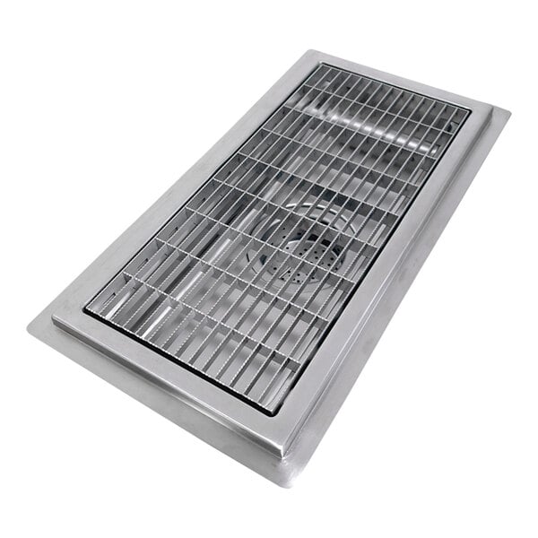 A stainless steel floor trough with grid grating and outlet.