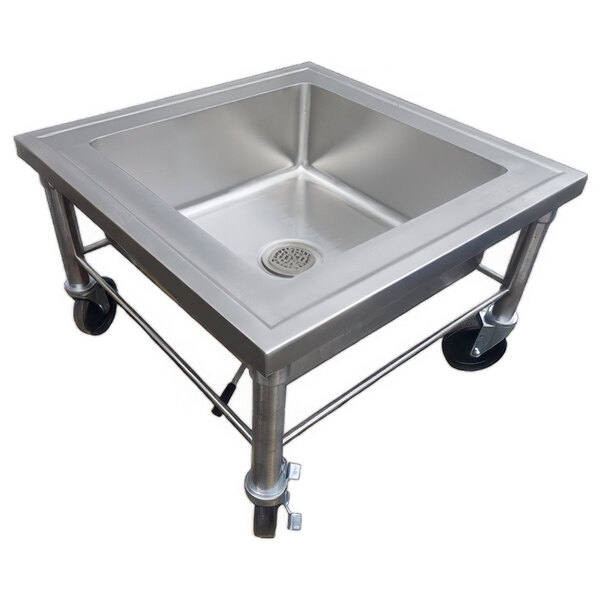 A stainless steel portable soak sink on wheels.