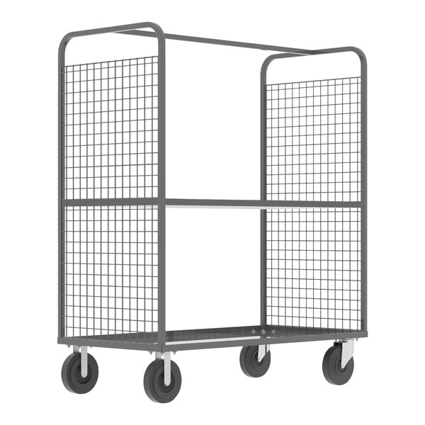 A gray Valley Craft metal stock picking cage cart with wheels and two cages.