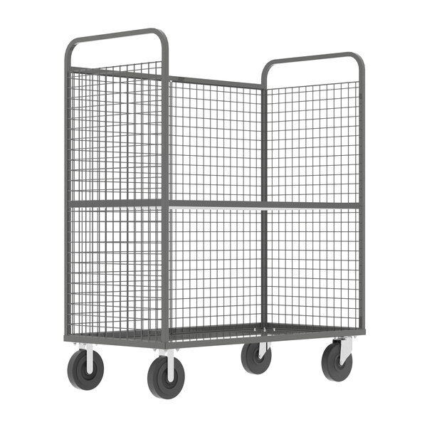 A gray metal wire stock picking cage cart with wheels.