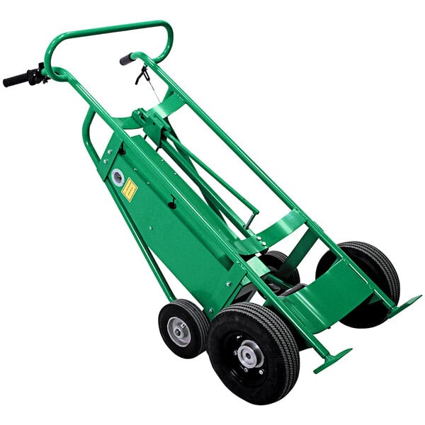 A green Valley Craft 4-wheel steel drum truck with pneumatic wheels.
