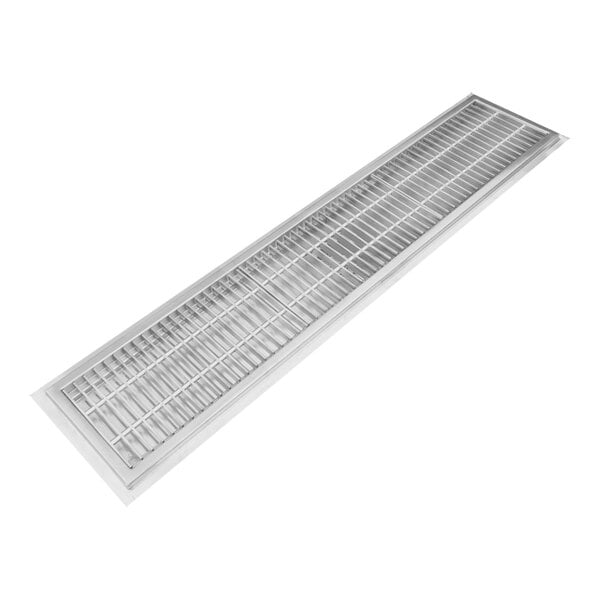A long metal grate with metal bars on a white background.