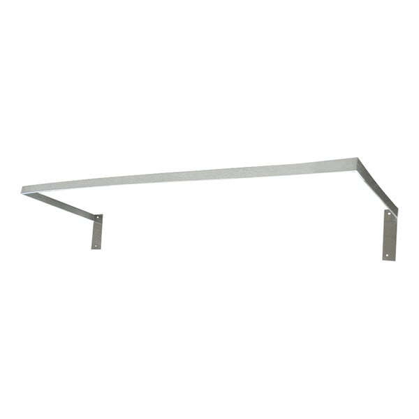 A long stainless steel wall-mounted pot rack with metal hooks.