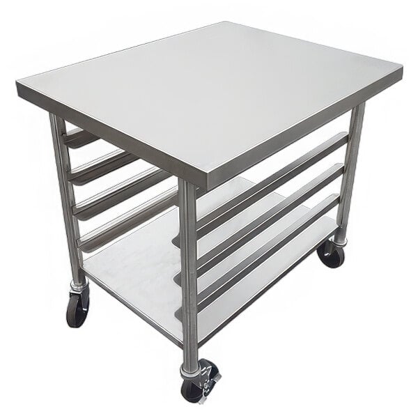 A stainless steel mobile equipment stand with a flat top, four tray slides, an undershelf, and heavy-duty casters.