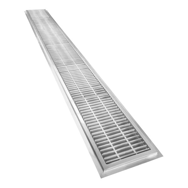A stainless steel floor trough grate with holes.