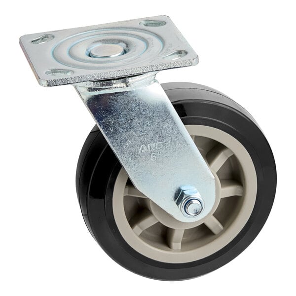 A 6-inch swivel plate caster with a black and gray wheel designed for cube trucks.