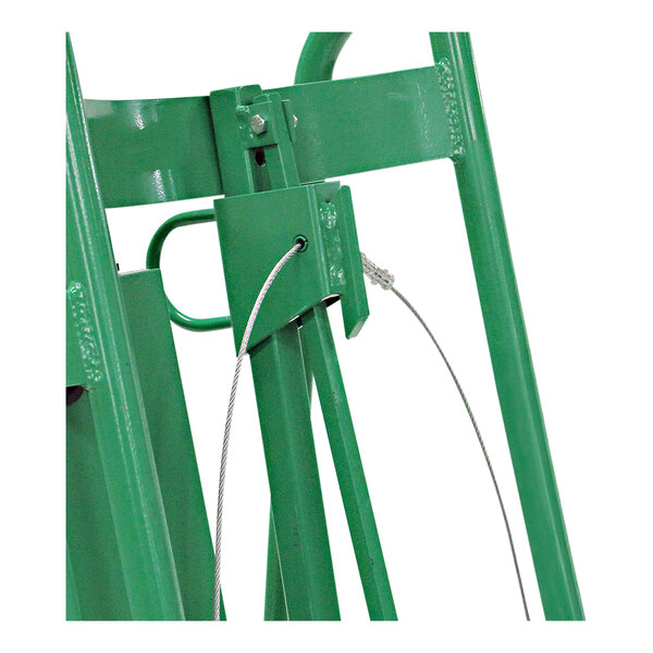 A green Valley Craft steel drum truck with a wire hook.