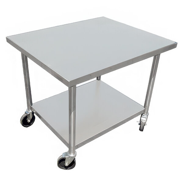 A stainless steel mobile mixer or equipment table with an undershelf and heavy-duty casters.