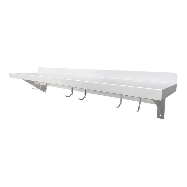 A white IMC/Teddy stainless steel wall-mounted shelf with pot hooks.