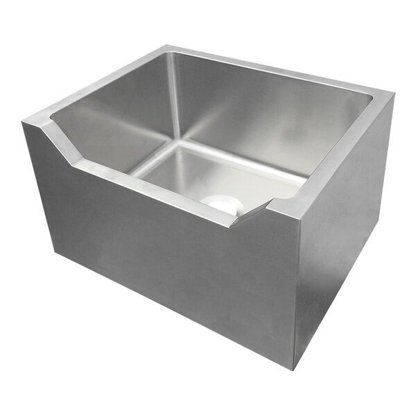 A stainless steel heavy-duty floor or utility mop sink with a drop front.