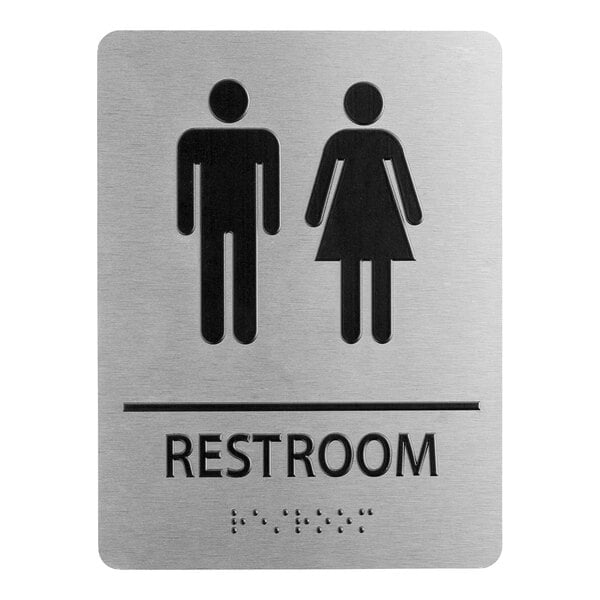A Lavex unisex restroom sign with a man and woman symbol and Braille.