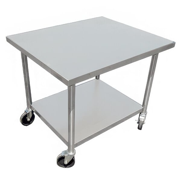 A stainless steel mobile mixer or equipment table with an undershelf and heavy-duty casters.