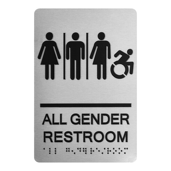 A Lavex black and silver all gender restroom sign with text and symbols including a man, woman, and wheelchair.
