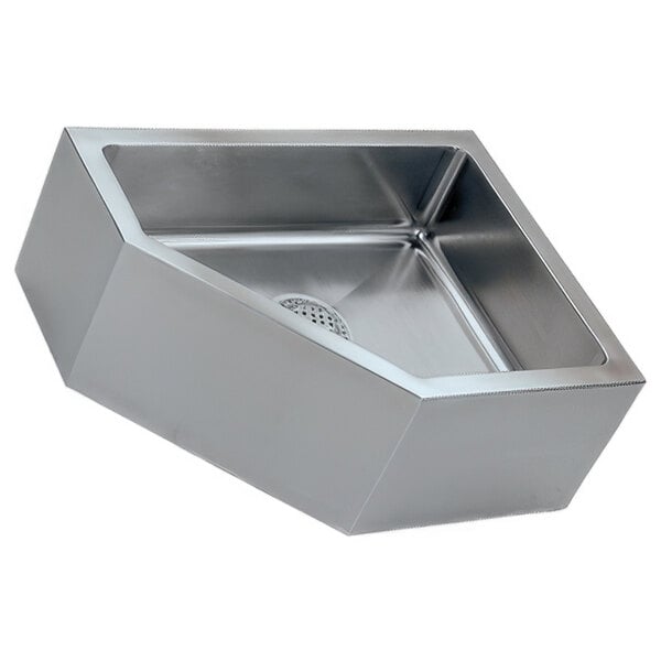 A stainless steel right corner floor utility or mop sink.
