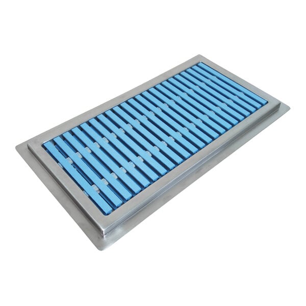 A close-up of a stainless steel floor trough with blue fiberglass grating.