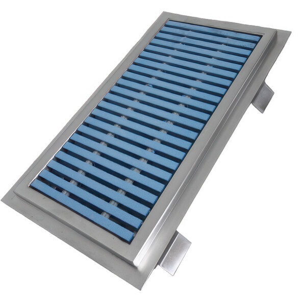 A stainless steel floor trough with a blue and silver metal grate.