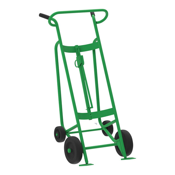 A green Valley Craft 4-wheel steel drum truck with black wheels.