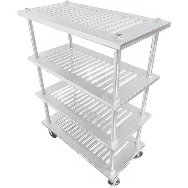 A stainless steel four-shelf louvered mobile utility shelving unit with 61-inch posts and caster wheels.