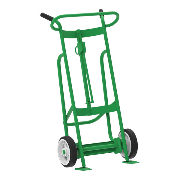A green Valley Craft 2-wheel steel drum truck with wheels and a handle.