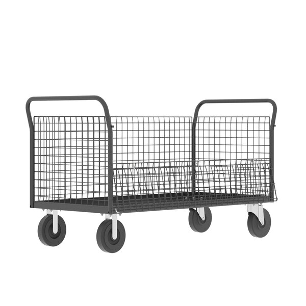 A gray metal wire cage cart with four wheels.