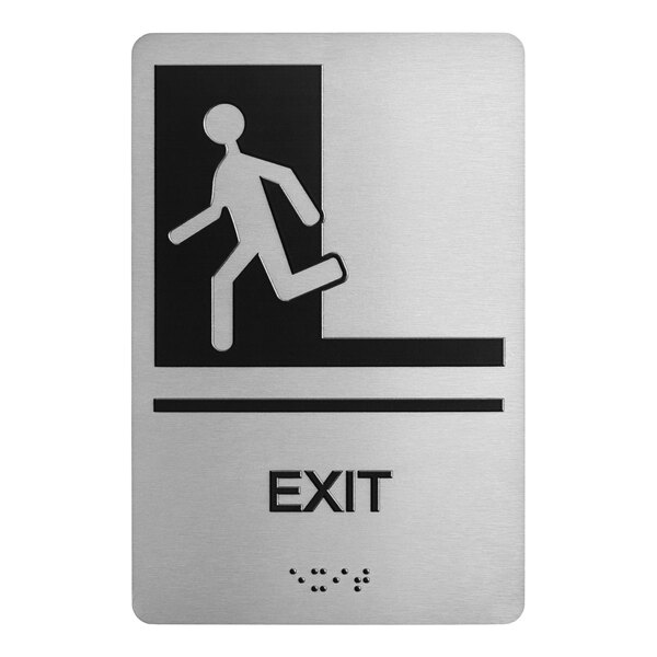 A black aluminum exit sign with silver letters and a man walking on the side.